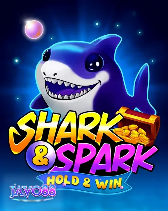 Tampilan visual slot Shark & Spark Hold & Win dengan karakter hiu kartun yang ceria